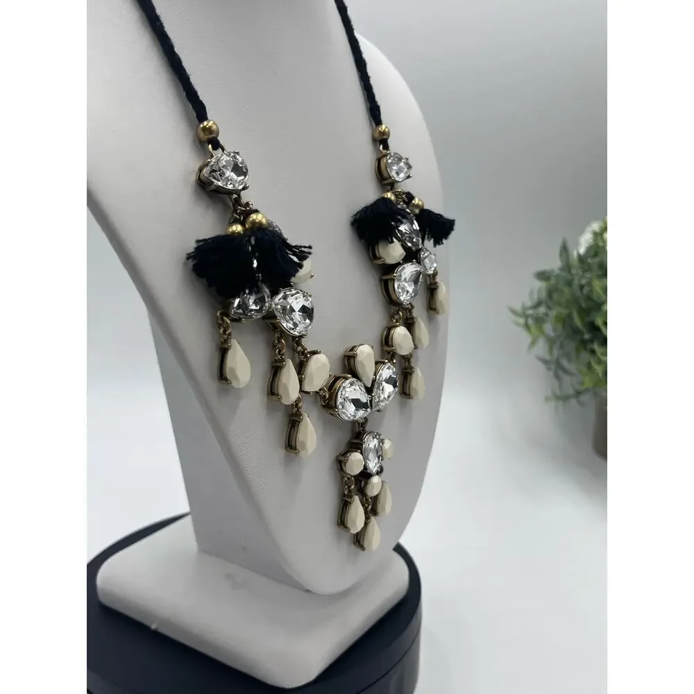 J. Crew Crystal Clear Milky White Gems Black Fringe‎ Adjustable Tie Necklace
